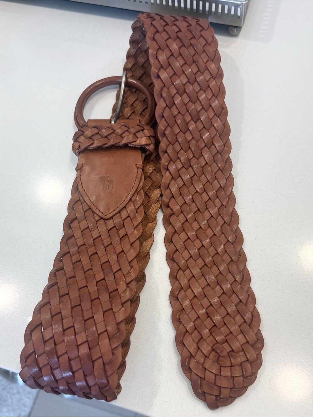 ABERCROMBIE & FITCH Vintage Wide Woven Leather Belt in Summer Cognac Size M/L